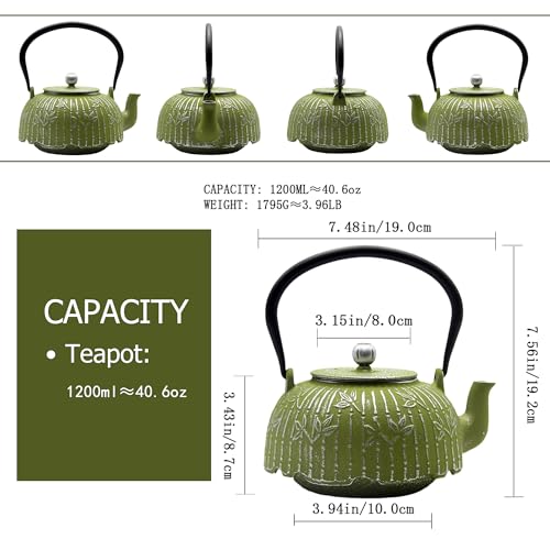 YJX Tea Kettle, Japanese Cast Iron Teapot with Stainless Steel Infuser, Cast Iron Tea Kettle, Durable Teapot Coated with Enameled Interior (40.6oz Sage Green Bamboo Leaf Pattern) - Image 5