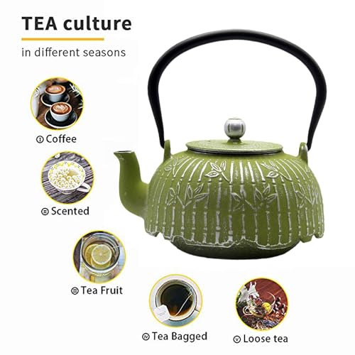 YJX Tea Kettle, Japanese Cast Iron Teapot with Stainless Steel Infuser, Cast Iron Tea Kettle, Durable Teapot Coated with Enameled Interior (40.6oz Sage Green Bamboo Leaf Pattern) - Image 4