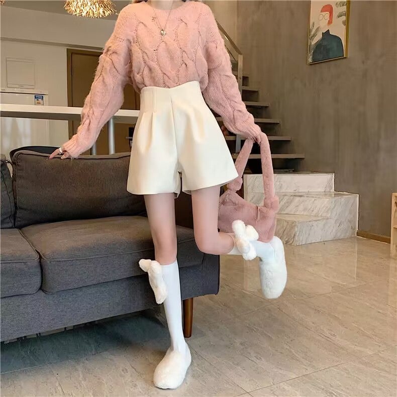 High Quality Woolen Shorts Wide Leg Boot Pants For Women High Waist Slimming Versatile Woolen Outer Wear Bottoming Pants - Image 4