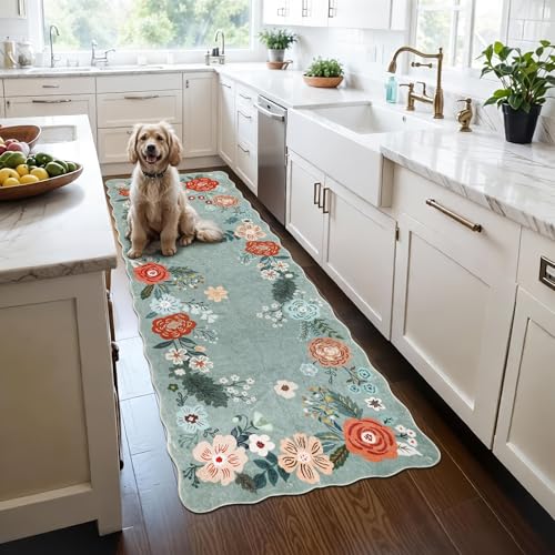 Homcomoda Runners for Hallways, 3x6 Runner Rug Non Slip with Soft Low Pile, Boho Floral Runner for Kitchen, Living Room, Entryway, Bedroom, Bathroom, Kid & Pet Friendly, Green - Image 1