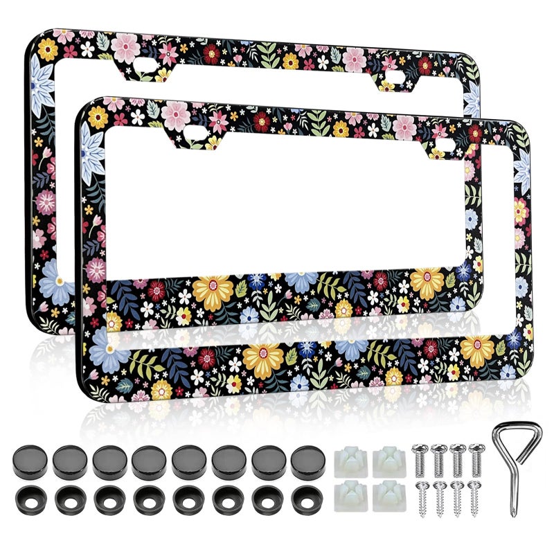 LIN KANG Colorful Floral Flowers License Plate Frame 2 Pack Women Men Personalise License Plate Frames Car Universal Aluminum Accessories Fits Standard US Vehicles Size - Image 3