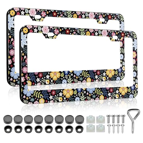 LIN KANG Colorful Floral Flowers License Plate Frame 2 Pack Women Men Personalise License Plate Frames Car Universal Aluminum Accessories Fits Standard US Vehicles Size - Image 1