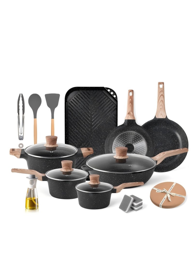 طقم أواني طبخ 20 قطعة، حلل ومقالي غير لاصقة، أواني طبخ جرانيتية للحث، طقم مطبخ غير لاصق، طقم صواني فرن طويلة سوداء، خالي من PFOS وPFOA