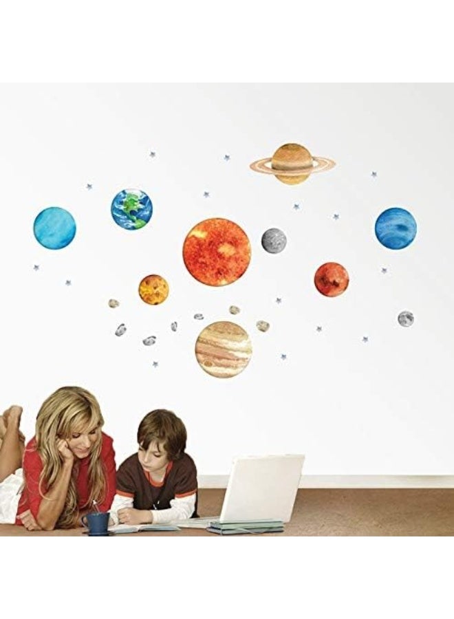 Finduat Space Planet Wall Stickers Decals, Removable Solar System Watercolor Space Vinyl Wall Stickers for Kids Nursery Bedroom Living Room - Image 4