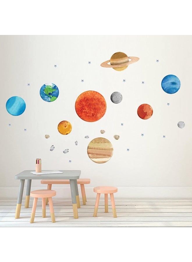 Finduat Space Planet Wall Stickers Decals, Removable Solar System Watercolor Space Vinyl Wall Stickers for Kids Nursery Bedroom Living Room - Image 1