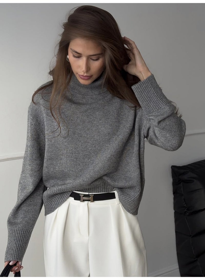 NIBEMINENT Women's  Autumn Winter Solid Color Comfortable Short Turtleneck Sweater Trendy Loose Fit Warm Knit Fashion Casual Jumpers - Image 1