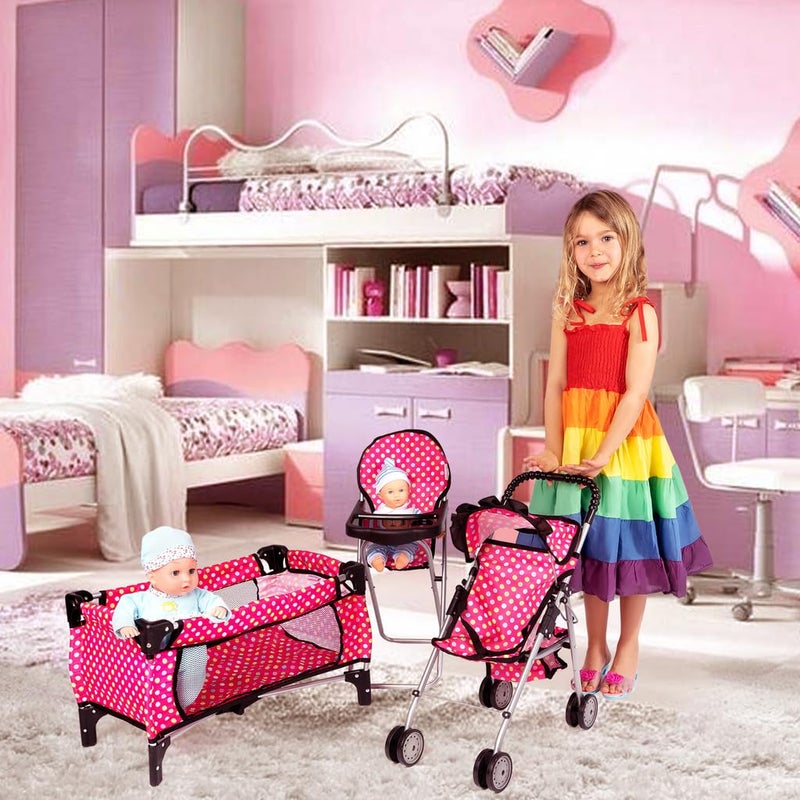 fash n kolor 4 Piece Doll Play Set, includes - 1 Pack N Play. 2 Doll Stroller 3.Doll High Chair. 4.Infant Seat, Fits Up to 18'' Doll (4 Piece Set) - Image 2