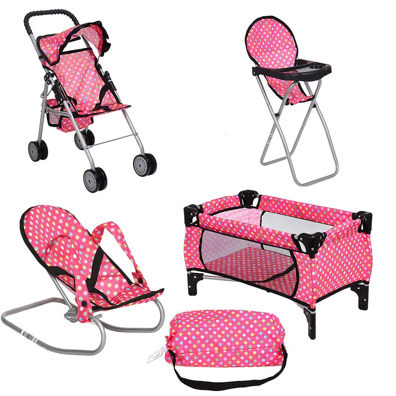 fash n kolor 4 Piece Doll Play Set, includes - 1 Pack N Play. 2 Doll Stroller 3.Doll High Chair. 4.Infant Seat, Fits Up to 18'' Doll (4 Piece Set) - Image 1