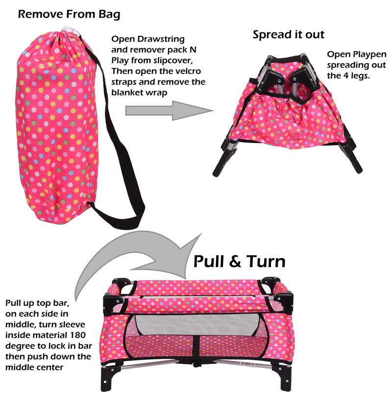 fash n kolor 4 Piece Doll Play Set, includes - 1 Pack N Play. 2 Doll Stroller 3.Doll High Chair. 4.Infant Seat, Fits Up to 18'' Doll (4 Piece Set) - Image 5