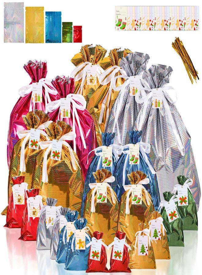 Nagpew 24 Pieces Christmas Drawstring Gift Bags, Assorted Size Wrapping Bags Bulk with Tags Ribbon Ties, Colorful Holiday Present Holders Party Supply for Goodies, Birthday, Baby Shower - Image 1