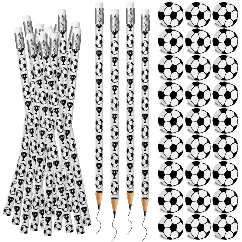 Moncinday 60PCs Soccer Pencils and Erasers for Kids Wooden Pencils for Themed Birthday Party Favors Students Stationery Party Reward School Office Supplies - Image 2