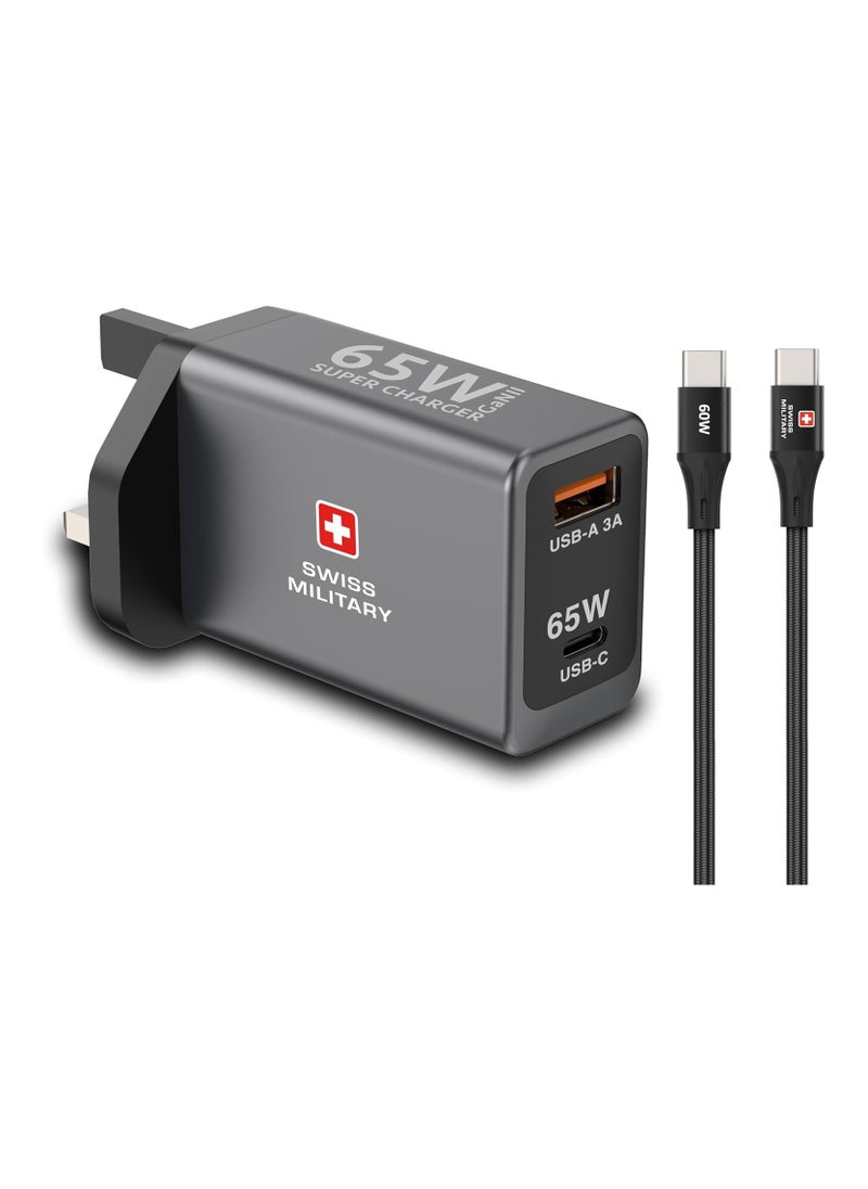 SWISS MILITARY 65W GaN II Dual Port Fast Wall Charger | USB-C PD & USB-A Port | 60W Premium Braided Cable included| Compatible with Macbook/HP/Dell/Lenovo, iPad, iPhone, Samsung, etc | 5Yr Warranty  - Image 1