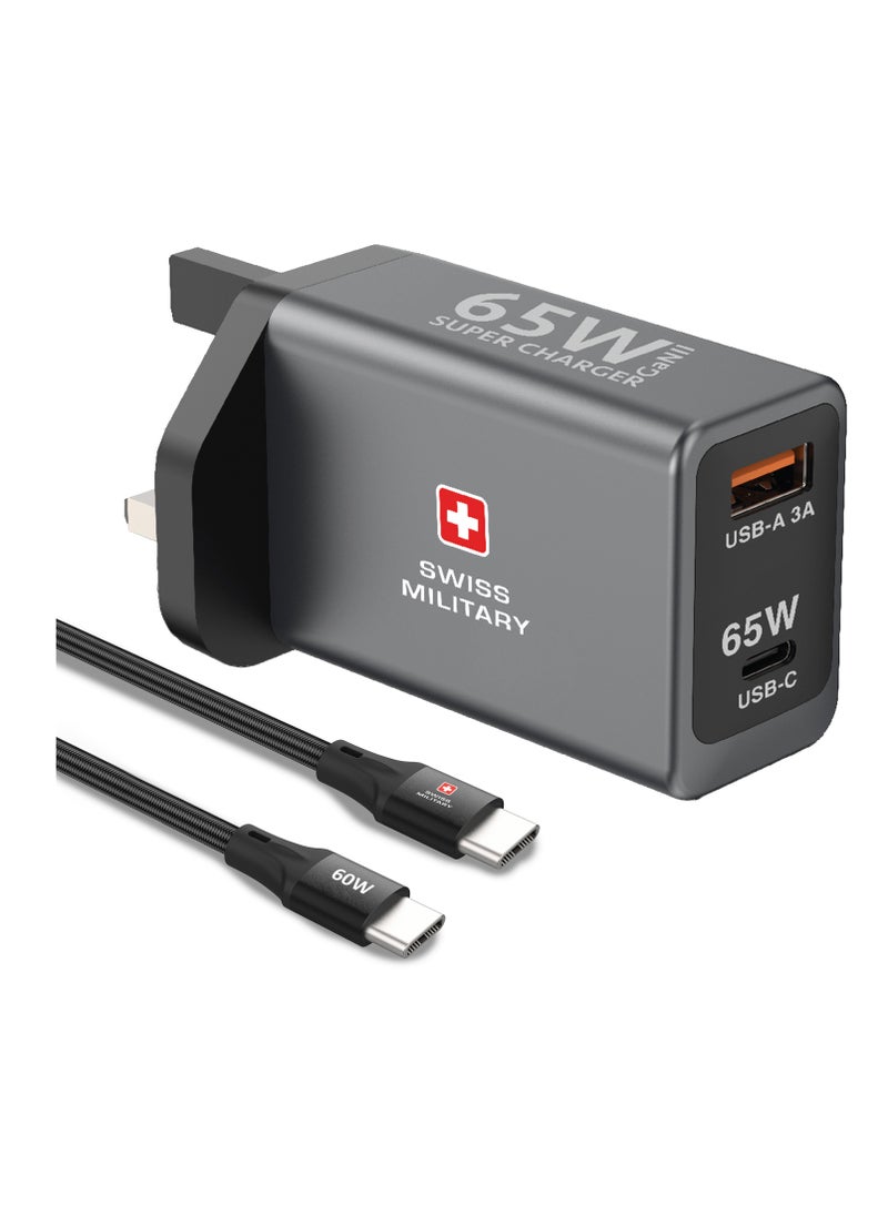 SWISS MILITARY 65W GaN II Dual Port Fast Wall Charger | USB-C PD & USB-A Port | 60W Premium Braided Cable included| Compatible with Macbook/HP/Dell/Lenovo, iPad, iPhone, Samsung, etc | 5Yr Warranty  - Image 5