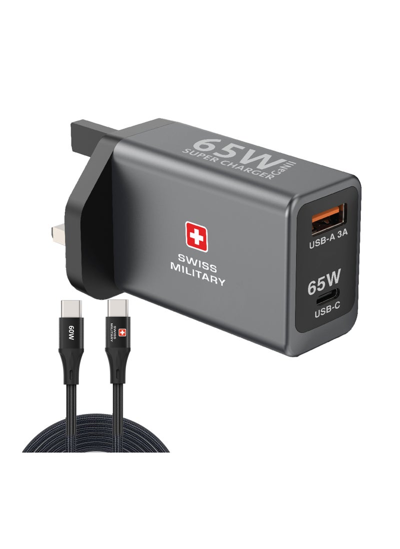 SWISS MILITARY 65W GaN II Dual Port Fast Wall Charger | USB-C PD & USB-A Port | 60W Premium Braided Cable included| Compatible with Macbook/HP/Dell/Lenovo, iPad, iPhone, Samsung, etc | 5Yr Warranty  - Image 4