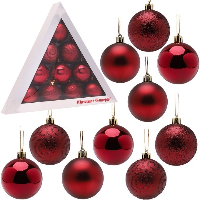 PACK OF 1060MM 24 CHRISTMAS TREE BAUBLES SHINY MATTE GLITTER DECORATED BAUBLES RIOJA RED