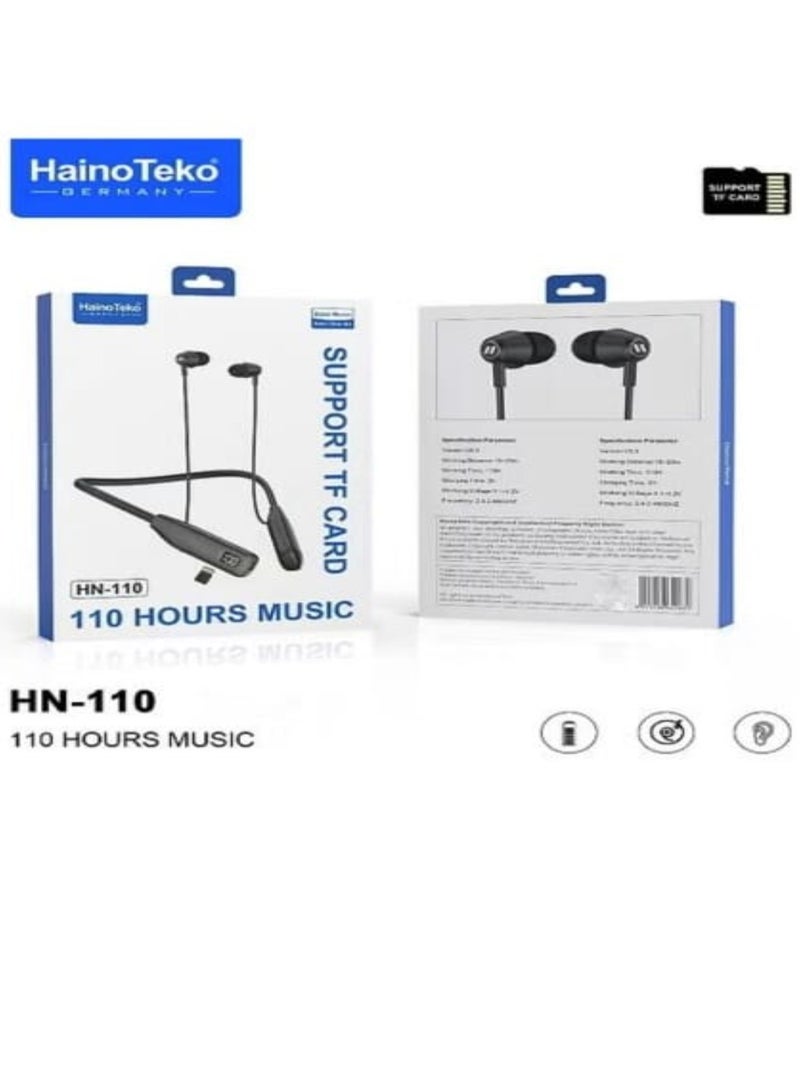 Haino Teko HN110 Bluetooth Neck Band Headphone 110 Hours Music With High Bass Sound Quality Super Clear Mic And TF Card Support Black - Image 1