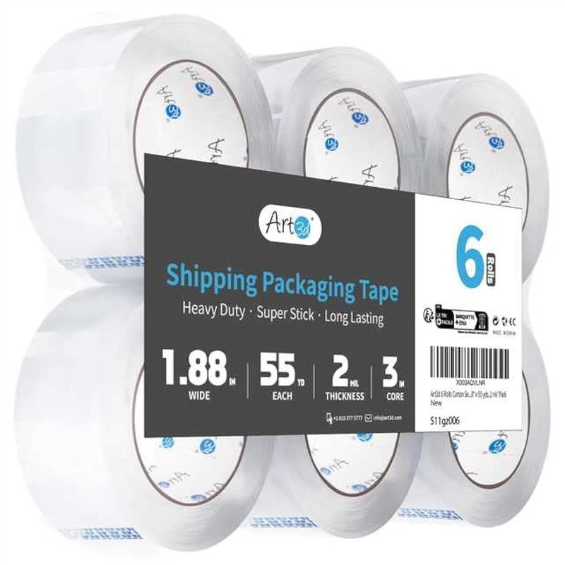 Art3d 6 Rolls Carton Sealing Tape Heavy Duty, Clear Packing Tape, 1.88" x 55 yds, 2 mil Thick - Image 1