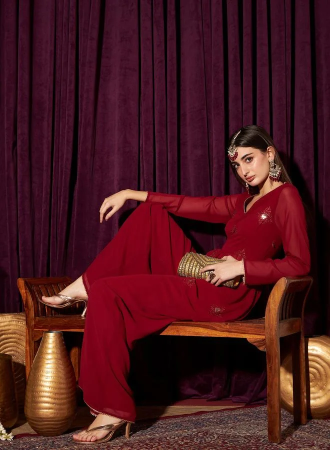 STREET 9 STREET 9 Embroidered Sequined Pleated A-Line Kurta with Palazzos Set