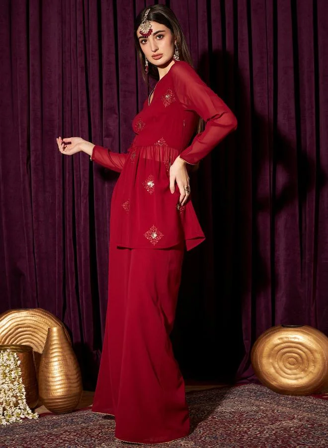 STREET 9 STREET 9 Embroidered Sequined Pleated A-Line Kurta with Palazzos Set