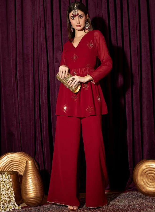 STREET 9 STREET 9 Embroidered Sequined Pleated A-Line Kurta with Palazzos Set