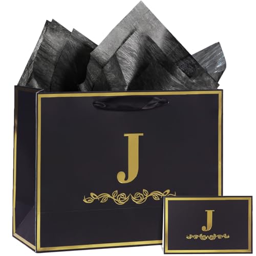 momoake Alphabet Birthday Gift Bag with Card and Tissue Paper for Men Women 13 Large Black Gold Personalized Bridal Party Gift Paper Bag for Gifts Wrapping Letter J - Image 1
