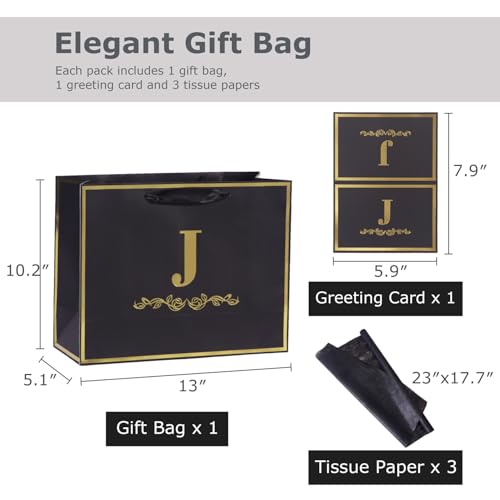momoake Alphabet Birthday Gift Bag with Card and Tissue Paper for Men Women 13 Large Black Gold Personalized Bridal Party Gift Paper Bag for Gifts Wrapping Letter J - Image 3