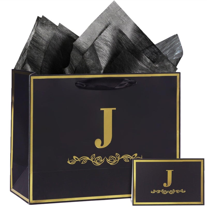 momoake Alphabet Birthday Gift Bag with Card and Tissue Paper for Men Women 13 Large Black Gold Personalized Bridal Party Gift Paper Bag for Gifts Wrapping Letter J - Image 2