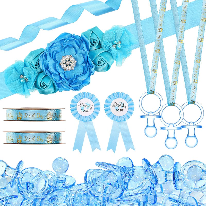 53 Pcs Baby Shower Favors for Boy Maternity Flower Sash Belt Blue Large Acrylic Pacifier Mom to Be Dad to Be Badge Pin Its a Boy Ribbon for Boy Baby Shower Gender Reveal Pregnancy Wedding