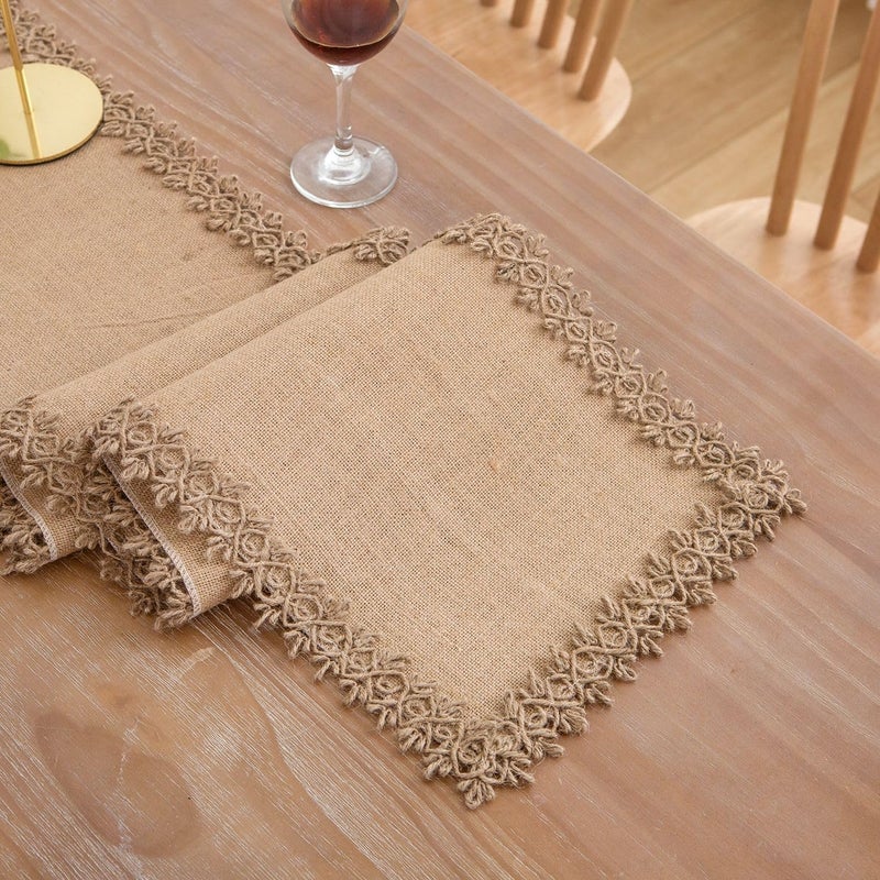 LIGICKY Natural Burlap Table Runners 48 Inches Farmhouse Rustic Jute Woven Macrame Table Runner for Dresser Wedding Home Dining Table Decor 12x48 inch, Brown - Image 1