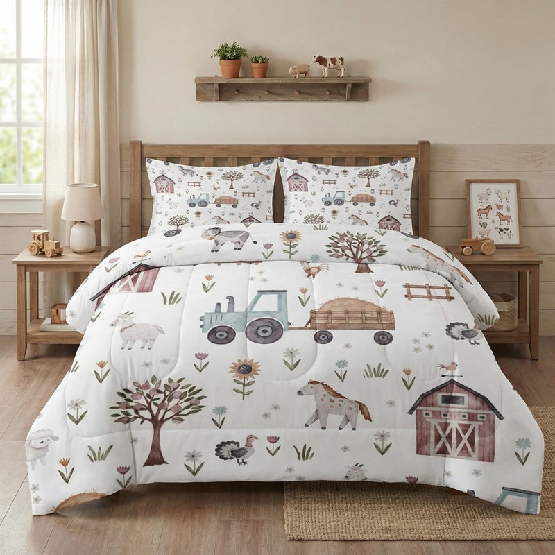 WeCozy Twin Size Comforter Set with Pillowcase, Farm Animal Tractor House Tree Soft 2 Pcs Bedding for Kids and Adults Bedroom Bed Decor - Image 1