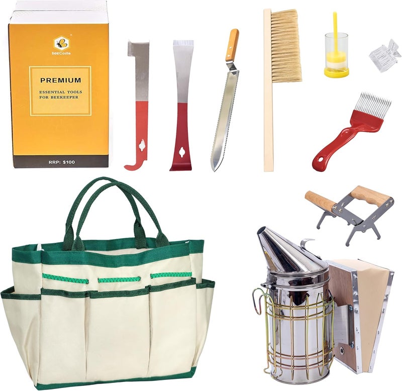 BeeCastle 9 Pcs Beekeeping Tools Kit with Organizer Tote for Beekeepers, Necessary Beekeeping Supplies Bee Keeping Starter Kit Includes Bee Smoker Kit and Beehive Tools - Image 1