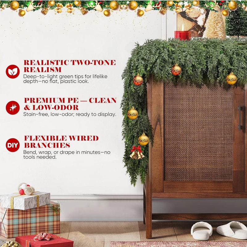 FAJUNZH 6FT Thick Christmas Garlands with 168 Cedar Branches, Real Touch Green Cedar Garland for Christmas Decorations, Artificial Greenery Garland for Table, Mantle, Wall, Indoor, Outdoor Holiday Decor - Image 4