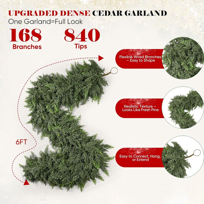 FAJUNZH 6FT Thick Christmas Garlands with 168 Cedar Branches, Real Touch Green Cedar Garland for Christmas Decorations, Artificial Greenery Garland for Table, Mantle, Wall, Indoor, Outdoor Holiday Decor - Image 2