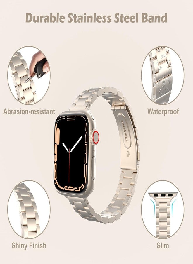 MoKo Slim Metal Band Compatible with Apple Watch Series 11/10 42mm, 9/8/7 41mm, SE3/SE2/SE/6/5/4 40mm, 3/2/1 38mm, Stainless Steel Thin Band Replacement Strap iWatch Wristband for Women, Starlight - Image 3