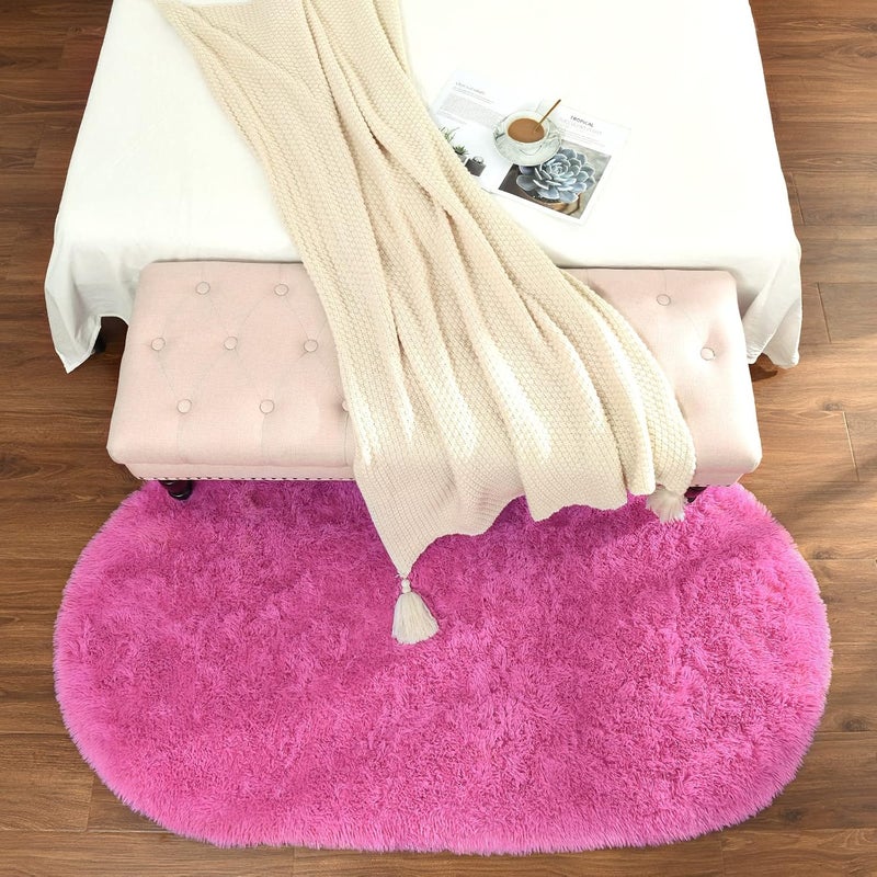Softlife Fluffy Rugs for Bedroom, Shag Cute Area Rug for Girls/Boys and Kids Baby Room Home Decor, 2.6 x 5.3 Feet Oval Indoor Carpet for Nursery Dorm Living Room, Hot Pink - Image 4