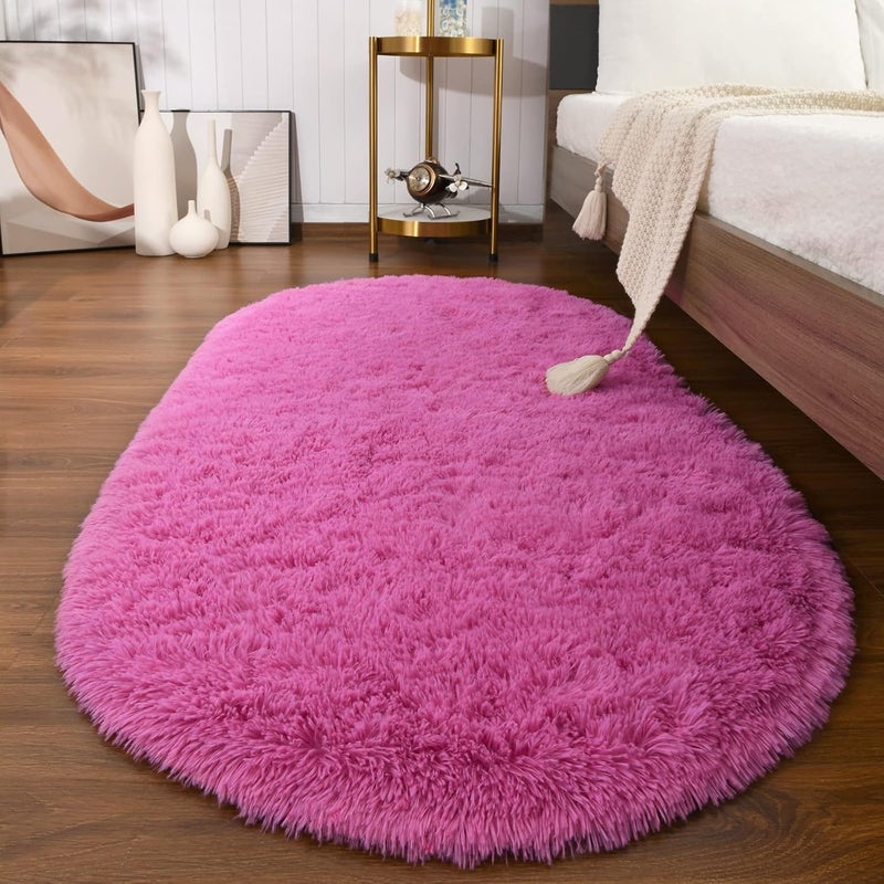 Softlife Fluffy Rugs for Bedroom, Shag Cute Area Rug for Girls/Boys and Kids Baby Room Home Decor, 2.6 x 5.3 Feet Oval Indoor Carpet for Nursery Dorm Living Room, Hot Pink - Image 1