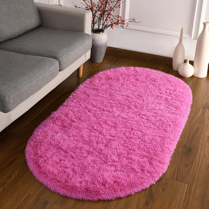 Softlife Fluffy Rugs for Bedroom, Shag Cute Area Rug for Girls/Boys and Kids Baby Room Home Decor, 2.6 x 5.3 Feet Oval Indoor Carpet for Nursery Dorm Living Room, Hot Pink - Image 3