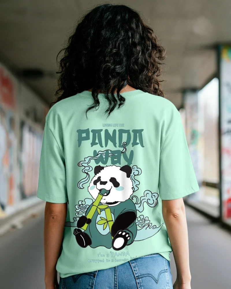 bewakoof Women's Green The Panda Way Graphic Printed Oversized T-shirt