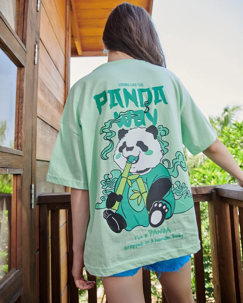 bewakoof  Women's Green The Panda Way Graphic Printed Oversized T-shirt for Women | Best Price UAE