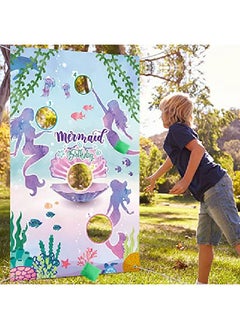 Tatuo Mermaid Toss Games With 3 Bean Bags Blue Ocean Birthday Bean Bag Games Set Boys Girls Mermaid Backdrop Birthday Party Toss Games Banner Under Sea World Theme Photo Background For Outdoor Yard Game  - Image 1