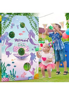 Tatuo Mermaid Toss Games With 3 Bean Bags Blue Ocean Birthday Bean Bag Games Set Boys Girls Mermaid Backdrop Birthday Party Toss Games Banner Under Sea World Theme Photo Background For Outdoor Yard Game  - Image 5