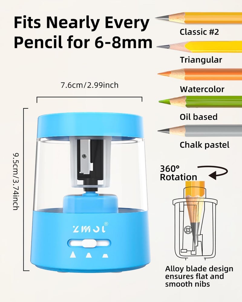 Zmol Colored Pencil Electric Sharpener, Auto Stop, Plug-in Electric Sharpener for 6-8 mm No. 2 Pencils/Office/Home - Blue (Blue) - Image 2