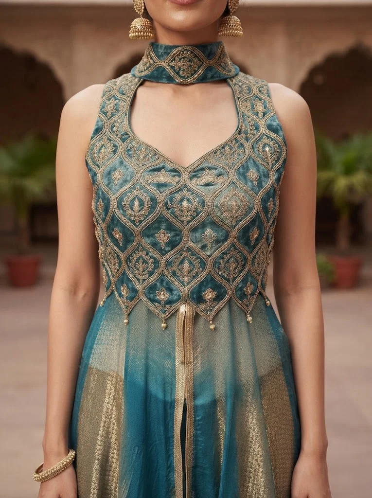 Viny VINY Teal 2-Piece Embroidered Halter Gown Set – Women's Indian Ethnic Wear