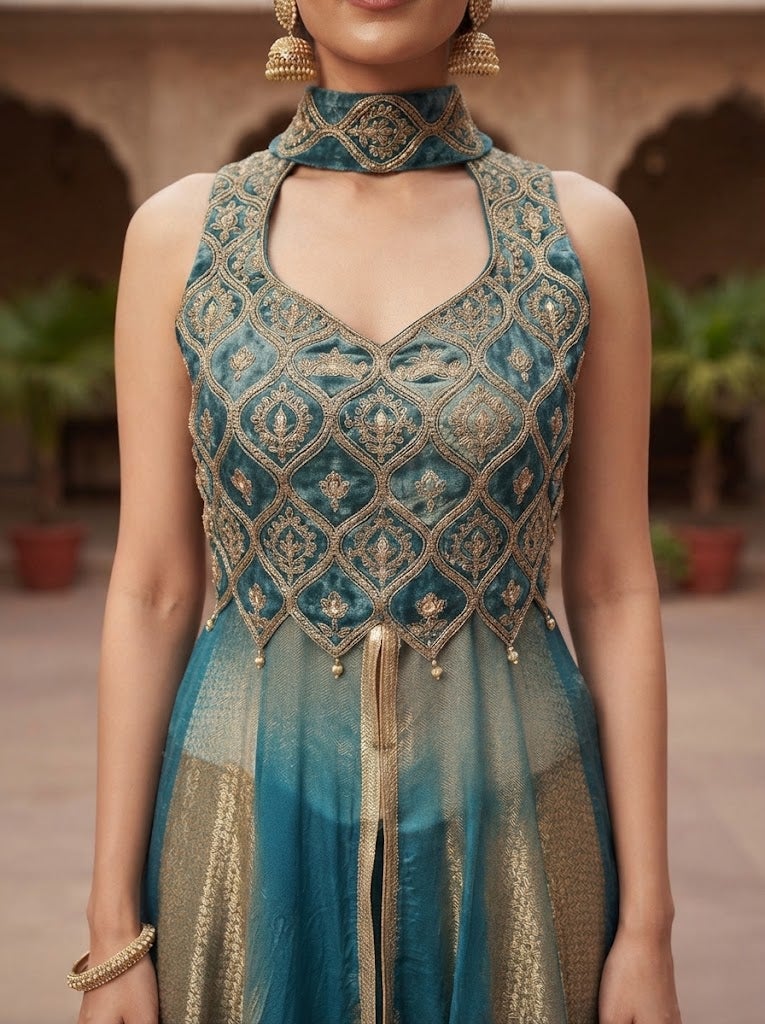 VINY Teal 2-Piece Embroidered Halter Gown Set – Women's Indian Ethnic Wear - Image 2