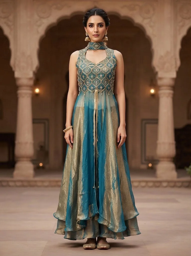 Viny VINY Teal 2-Piece Embroidered Halter Gown Set – Women's Indian Ethnic Wear