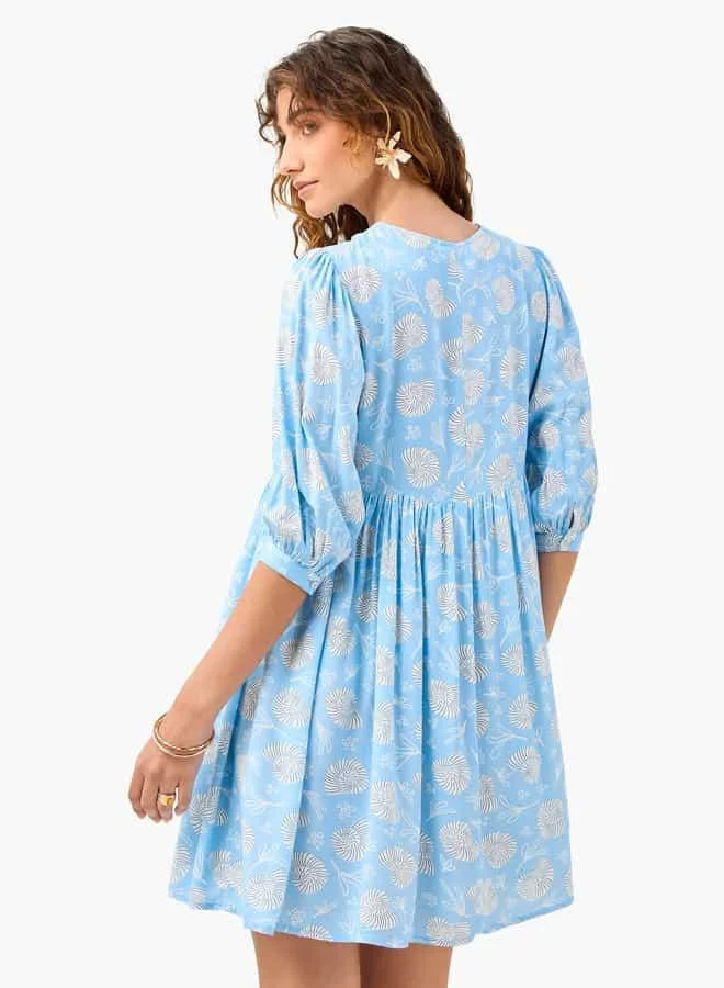 Splash FAV Printed Coverup Dress with Tie-Up Neck and 3/4 Sleeves