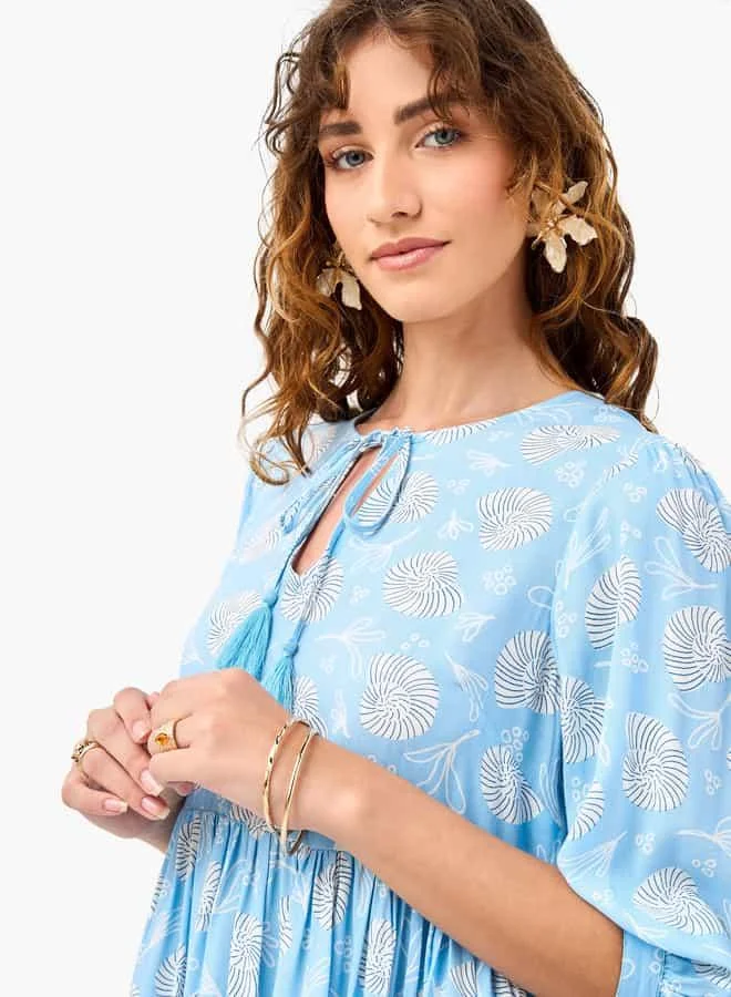 Splash FAV Printed Coverup Dress with Tie-Up Neck and 3/4 Sleeves