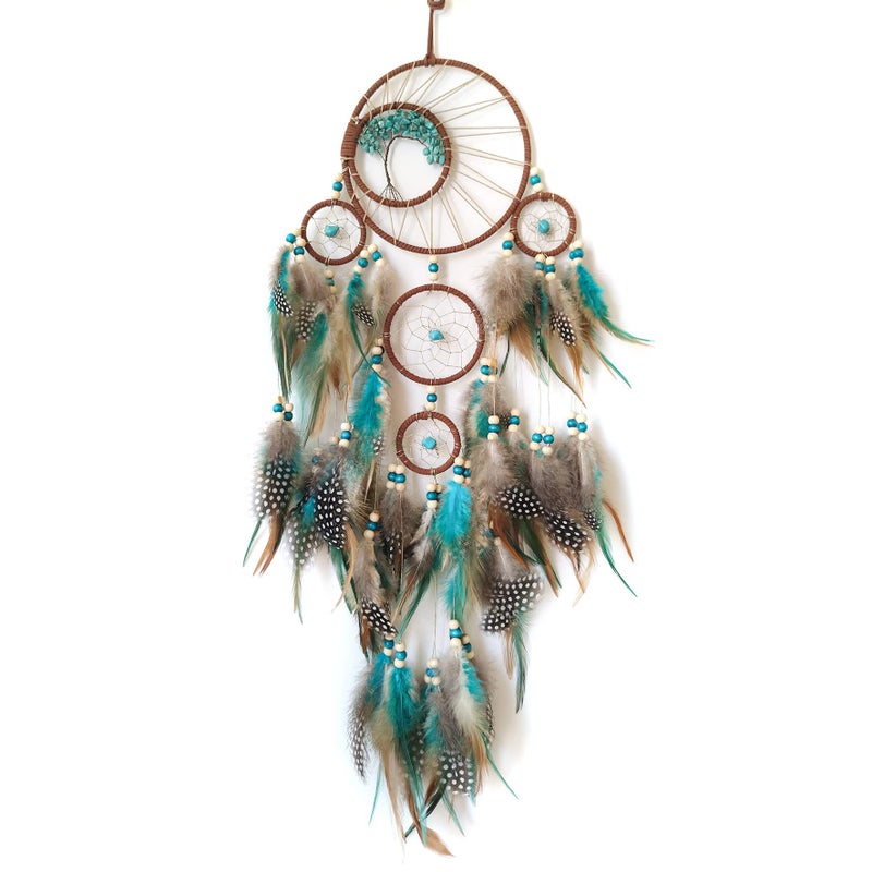 SOYUZU Blue and Brown Large Dream Catcher Wall Decor Crystal Tree of Life Dream Catchers Handmade Feather Dreamcatcher Wall Hanging Ornament Art Craft for Bedroom Living Room Home Decor
