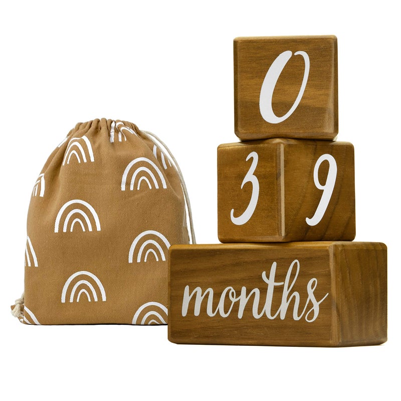 Pondering Pine Baby Milestone Blocks Natural Pine Wood with Weeks Months Years Grade Milestones Age Block Set with Boho Rainbow Bag Newborn Weekly Monthly First Year Picture Props Earth Friendly