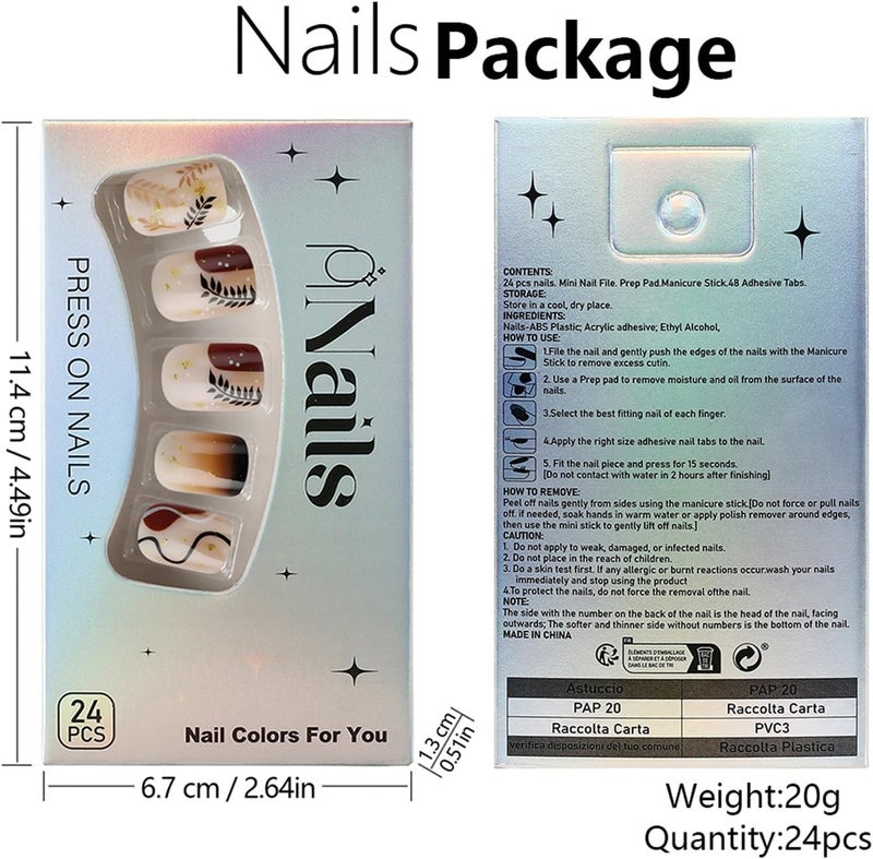 WULIUFLY Varied dimensions Fall Press on Nails Short Square Fake Nails Brown Glue on Nails Thanksgiving False Nails Full Cover Autumn Leaves Acrylic Nails Glitter Design Short Nails Press ons Artificial Nails Kit 24Pcs Reliable durability - Image 5